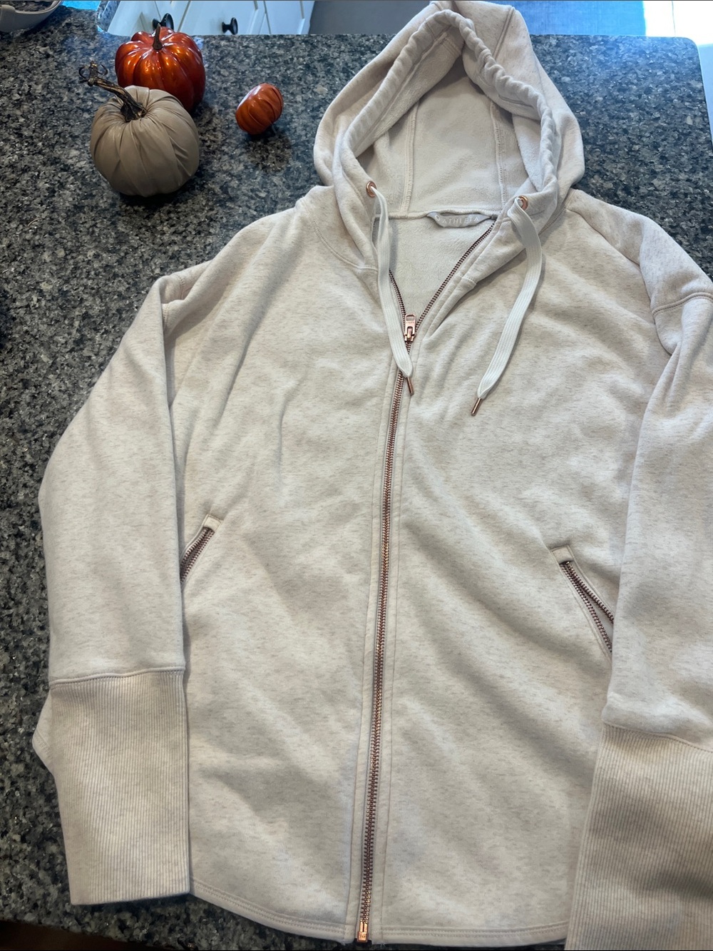 Athleta Cream Zip-Up Hooded Sweatshirt with Rose Gold Zip